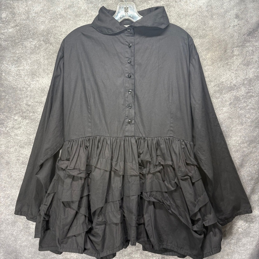 Krista Larson Black Cotton Ruffle Tiered Lagenlook Button Front Tunic Top OS